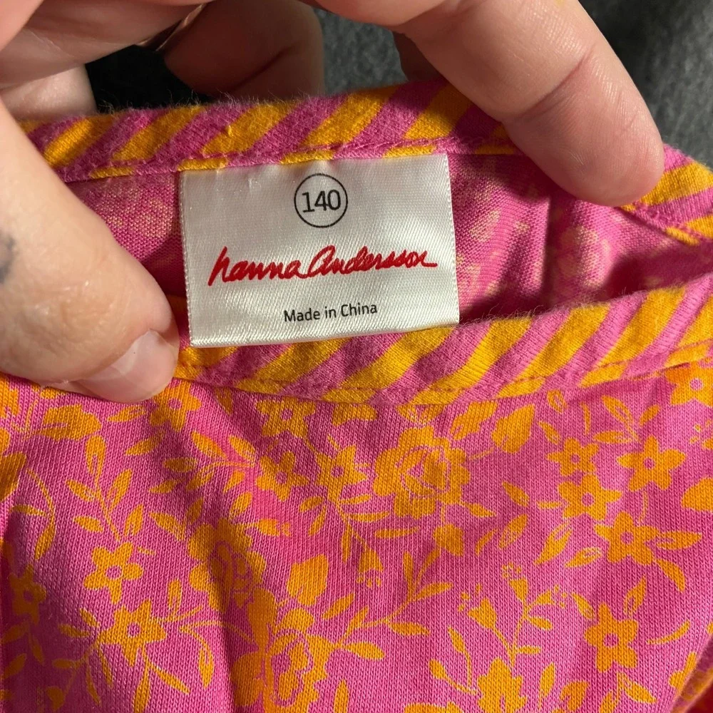 Hanna Andersson Dress Girls Floral Cotton Pink Orange Stripe Strap 140